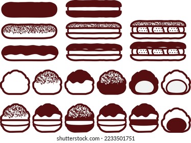 Illustration set of various eclairs and cream puffs