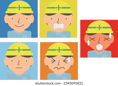 Illustration set of various facial expressions of men at the construction site of the heat index (WBGT)