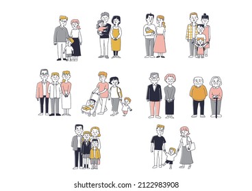 Illustration set of various families, comical handwritten person illustrations, simple coloring of vector line drawings, white background