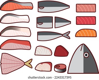 Illustration set of various fish fillets