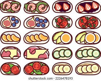 Illustration set of various French bread open sandwiches
