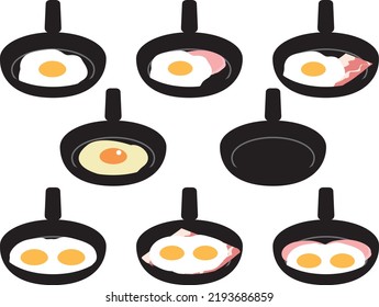 Illustration set of various frying pans and fried eggs