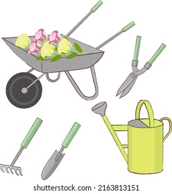 illustration of a set of various gardening tools
