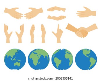 Illustration set of various gesture hands and the earth. An image that protects the global environment.