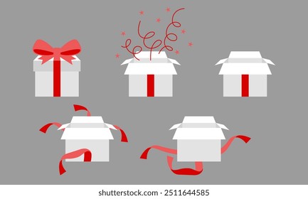 Illustration set of various gifts, simple, present, celebration, box, ribbon. Gift concept. Very suitable in various business purposes. Gift box. Holiday present with confetti. Festive surprise vector