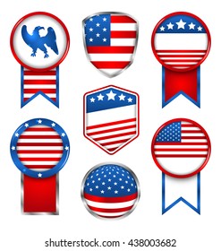 Illustration Set of Various Graphics and Labels, Emblems in Traditional American Colors. Bright Badges Isolated on White Background - Vector