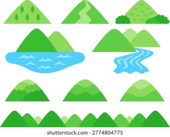 Illustration set of various green mountains and rivers