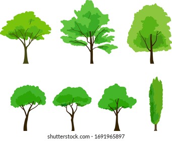 Illustration set of various green trees