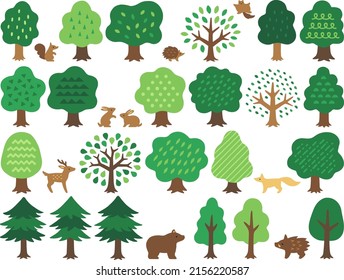 Illustration set of various green trees and forest animals in hand drawn style