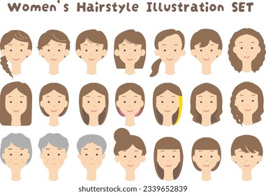 Illustration set of various hairstyles for women.The background is transparent.