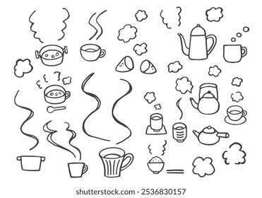 Illustration set of various hand-drawn steam and drinks