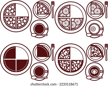 Illustration set of various hot drinks and tarts