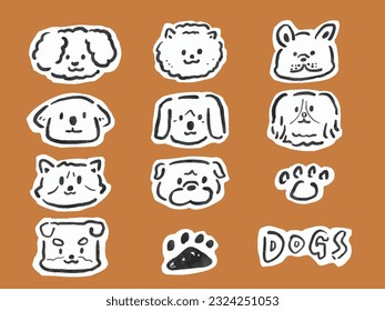 Illustration set of various kinds of dog faces single color hand drawn style