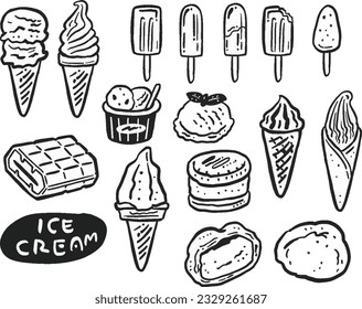  Illustration set of various kinds of ice cream Line art Monocolor