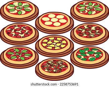 Illustration set of various kinds of pizza