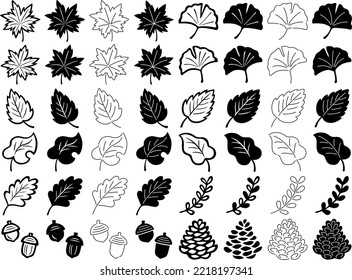 Illustration set of various leaf silhouettes and line drawings