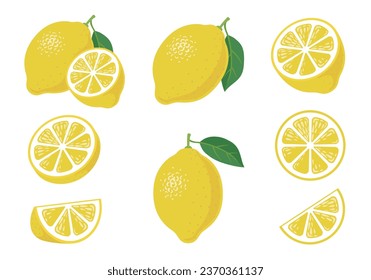 Illustration set of various lemons including whole and sliced lemons