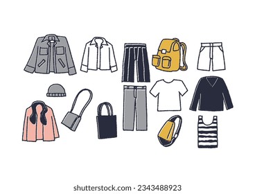 Illustration set of various men's fashion (line drawing background transparent)