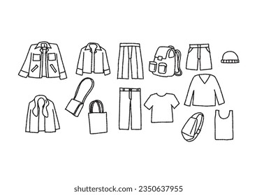Illustration set of various men's fashion (line drawing background transparent)