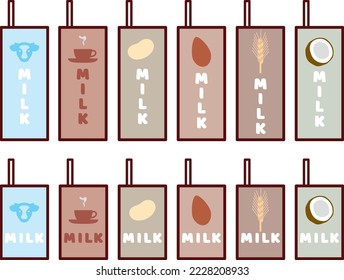 Illustrationsset für verschiedene Milchsorten in Papierpackungen