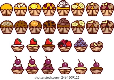 Conjunto de ilustración de varios muffins y mini tartas