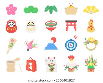 An illustration set of various New Year's pixel art.