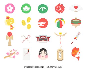 An illustration set of various New Year's pixel art.
