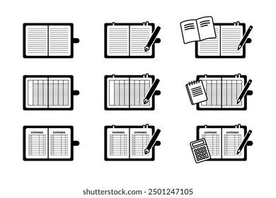 Es un conjunto de ilustraciones de varios cuadernos. Hecho con líneas simples.