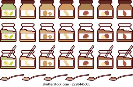 Illustration set of various nut butters