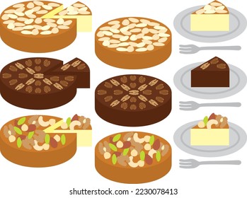 Illustration set of various nut cakes