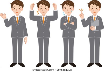 Illustration set of various poses of a businessman in a gray suit