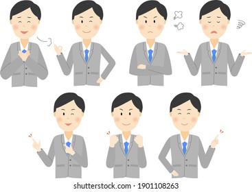 Illustration set of various poses of a man in a suit
