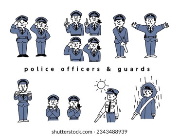 Illustration set of various poses of police officers and security guards