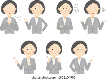 Illustration set of various poses of a woman in a suit