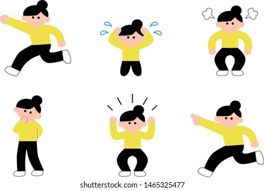 Illustration set of various poses of women dressed in yellow