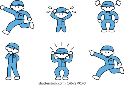 Illustration set of various poses of worker men