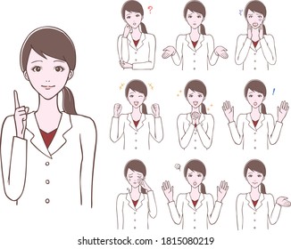 Illustration set of various poses of a young woman in a white coat