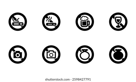 Illustration set of various prohibited icons. Set of 8 illustrations of prohibitions against smoking, drinking, photographing, and littering.