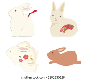 Illustration set of various rabbit figurines.