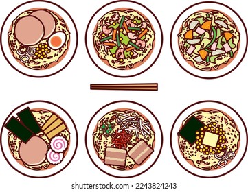 Illustration set of various ramen