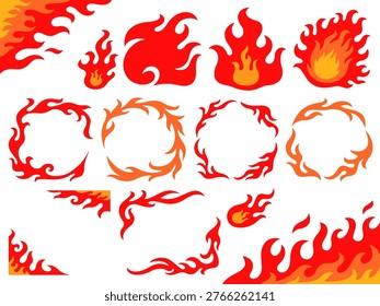 Illustration set of various red fireball icons and flame frames