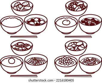 Illustration set of various rice, miso soup and potatoes