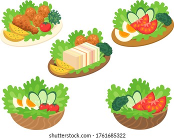 Illustration set of various salads and snacks arranged on plates and bowls