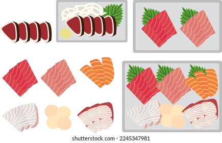 Illustration set of various sashimi