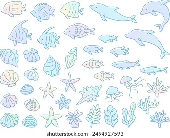 Illustration set of various sea creatures in colorful gradient colors