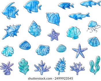 Illustration set of various sea creatures in watercolor style