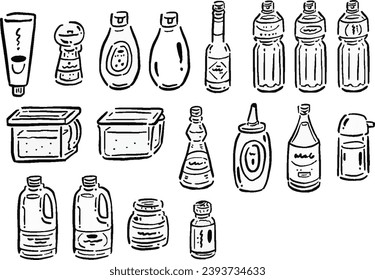 Illustration set of various seasonings Line art Monochromatic