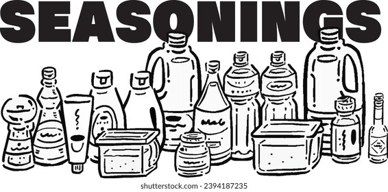 Illustration set of various seasonings, line drawing, monochromatic, seasoning