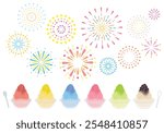 Illustration set of various shaved ice and fireworks