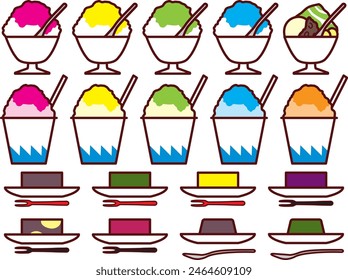 Illustration set of various shaved ice and yokan